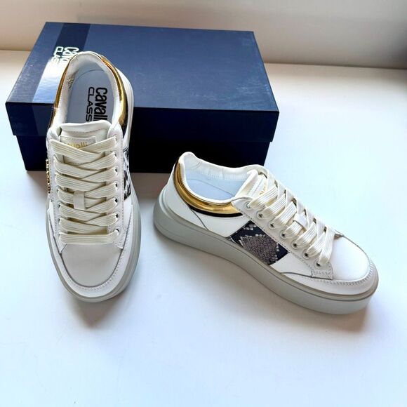 NWT Roberto Cavalli “Cavalli Class” logo hardware white low top sneaker Size 37 - Picture 14 of 16